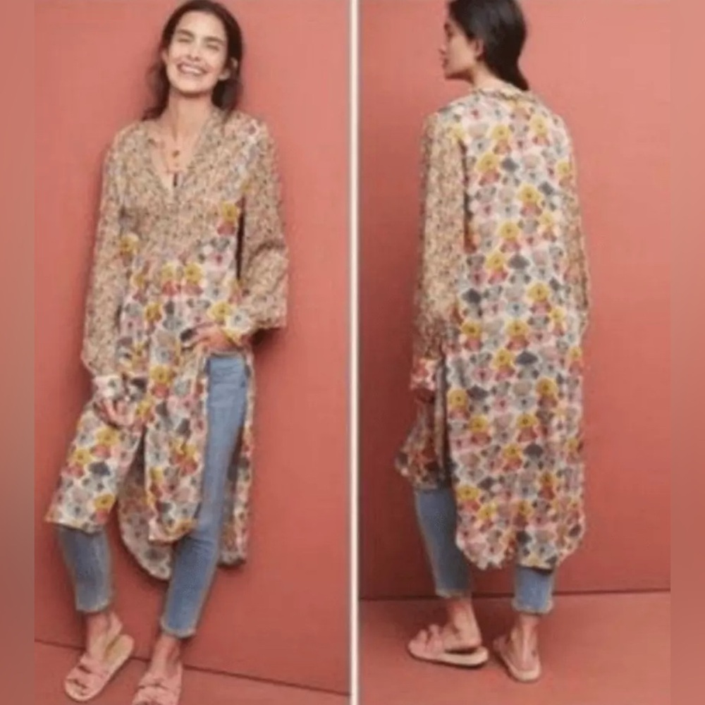Anthropologie Blink London Boho Floral Tunic Sheer Top Relaxed Casual Top Size M
